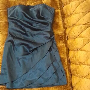 Blondie Nites Assymetrical Bustline Strapless Satin Bodycon Dress in Deep Green